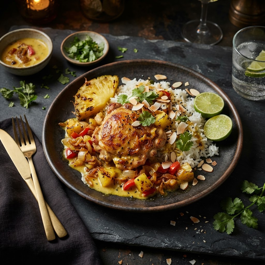 Coconut-Saffron Chicken with Ginger-Pineapple Reduction