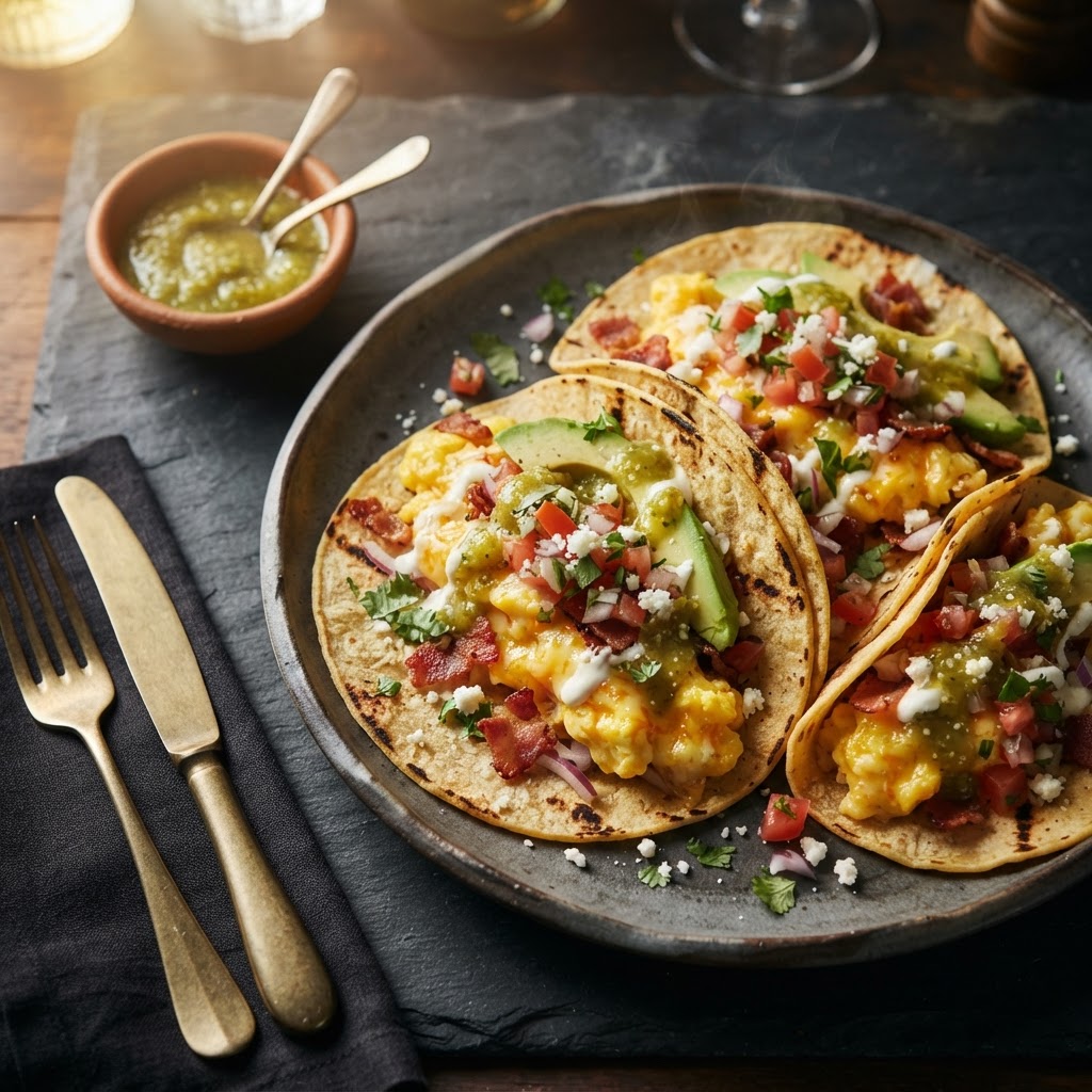 Salsa Verde Breakfast Tacos with Cheesy Scrambled Eggs