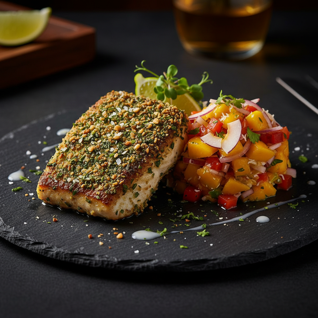 Tropical Herb-Crusted Mahi Mahi with Coconut Mango Salsa