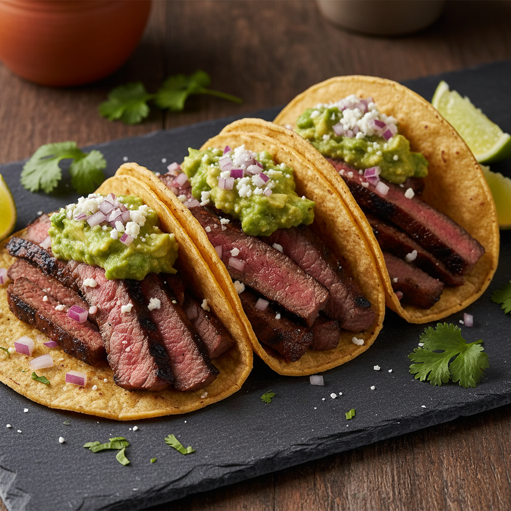 Grilled Skirt Steak Tacos with Avocado Salsa