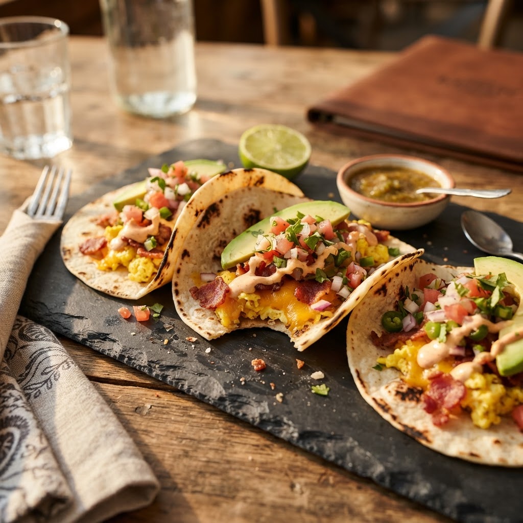 Mexican American Breakfast Tacos with Cheddar and Bacon