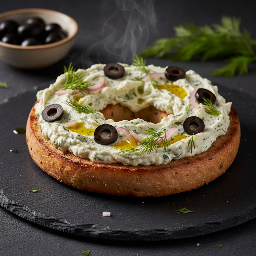 Olive and Onion Bagel Tartine with Creamy Dill Splash