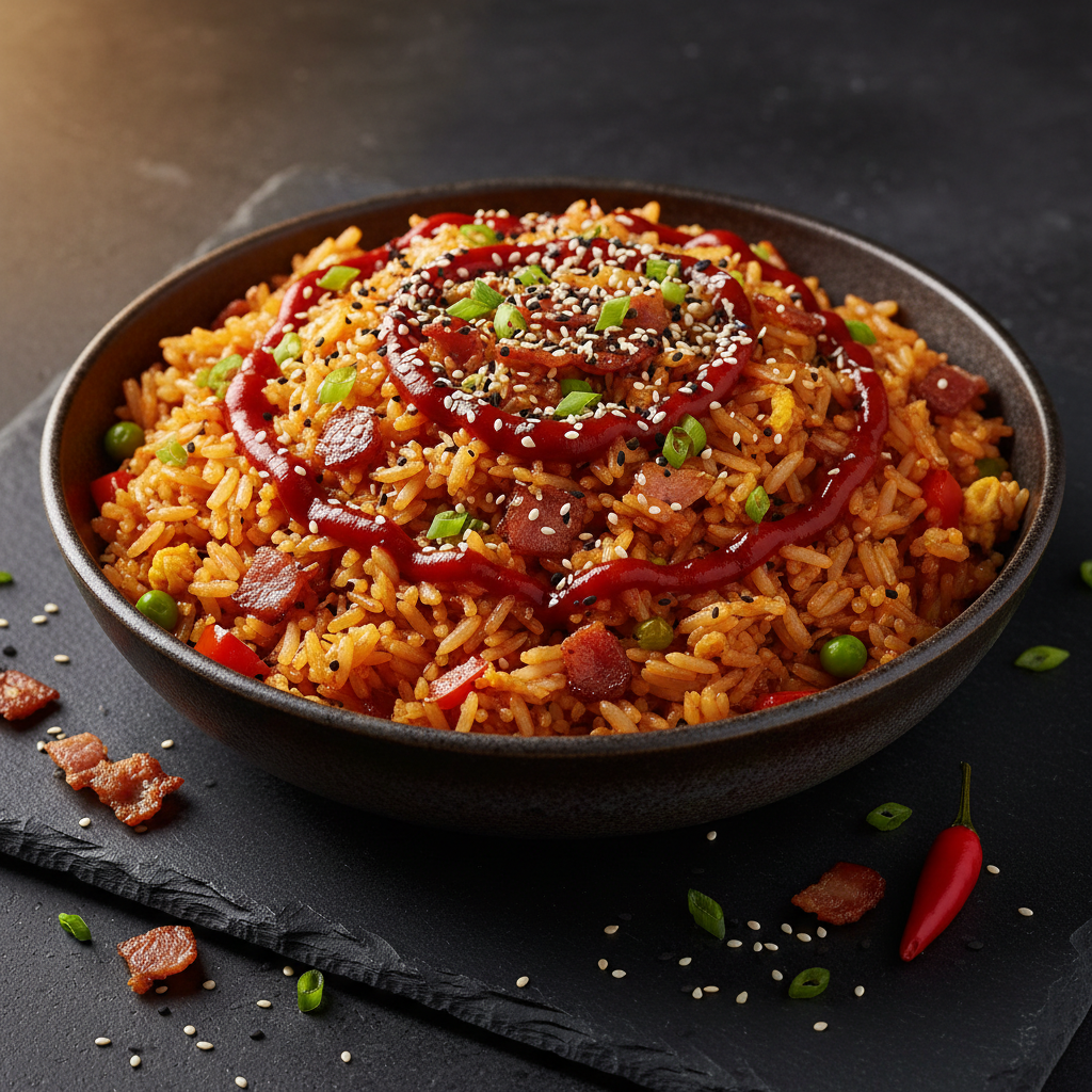 Sriracha-Infused Bacon Fried Rice with Sesame Garnish