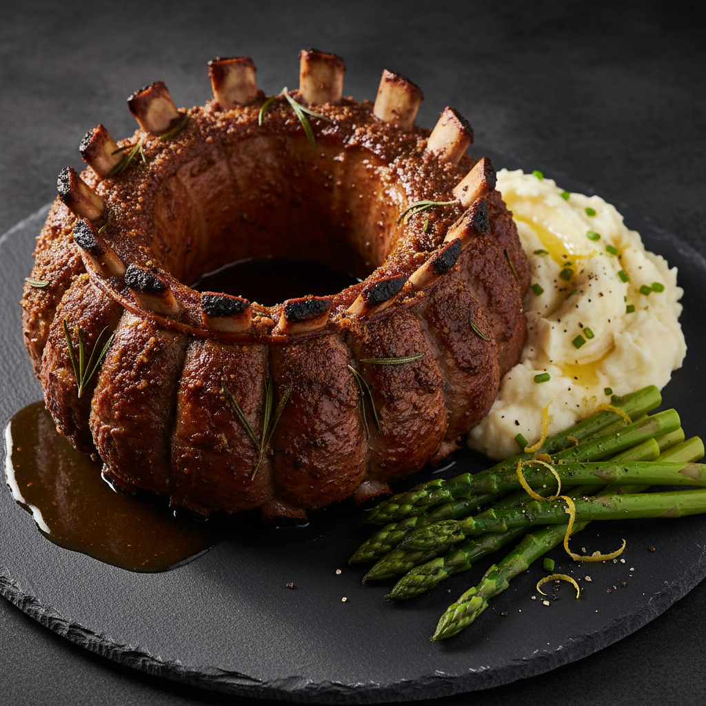 Southern Crown Rib Roast with Mashed Potatoes and Asparagus