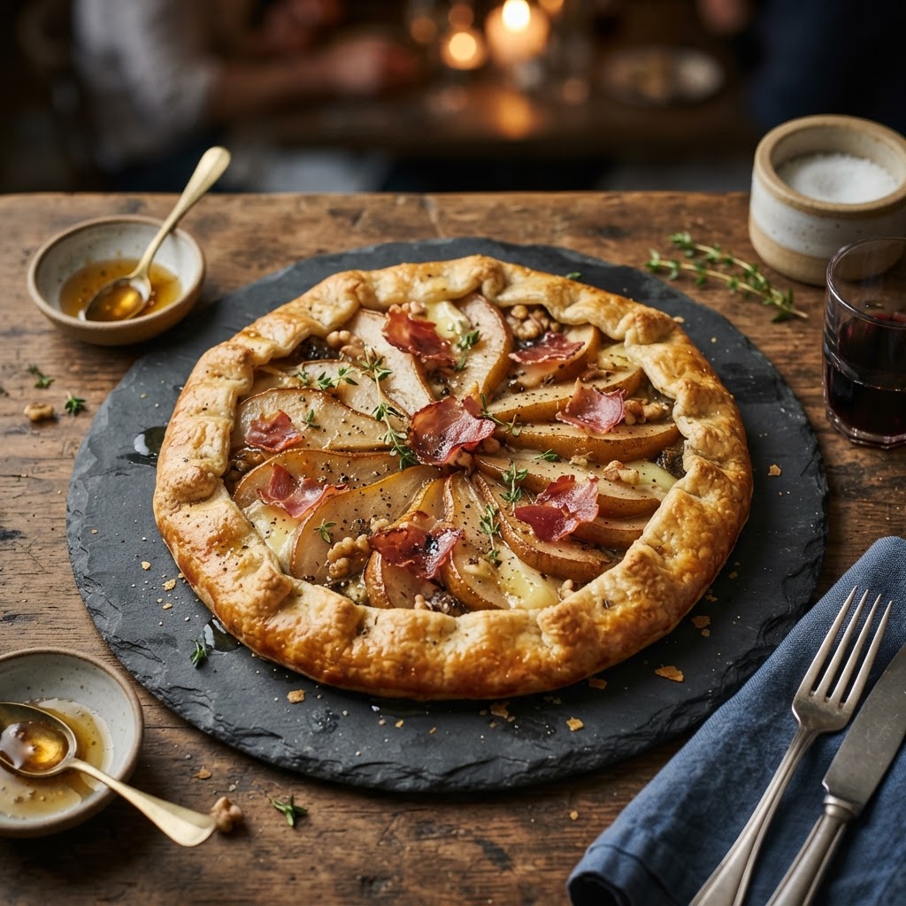 Truffle Pear and Brie Galette with Speck Shards