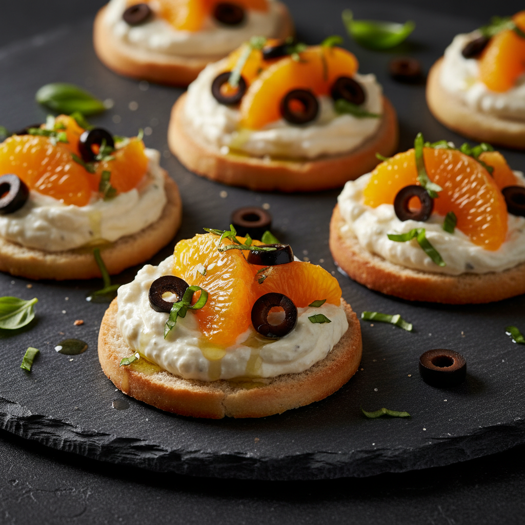 Mandarin Olive Bagel Crostini with Creamy Italian Spread