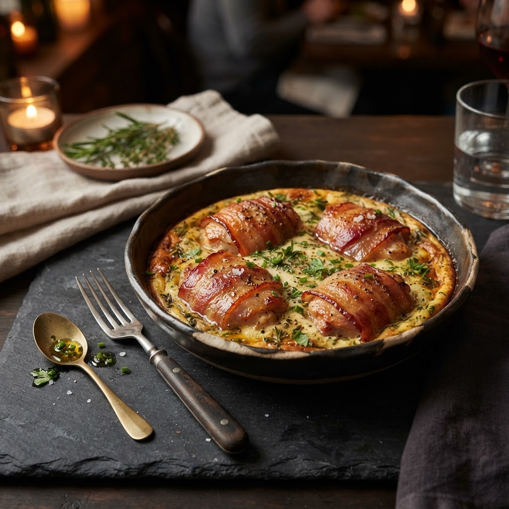 Crispy Bacon-Wrapped Chicken Thighs with Herbed Egg Custard