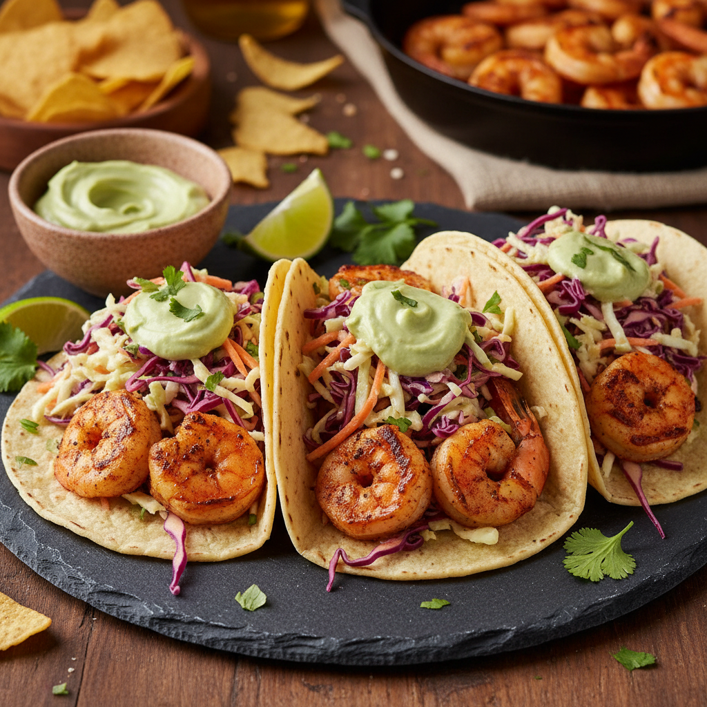Grilled Shrimp Tacos with Zesty Southern Slaw and Avocado Crema