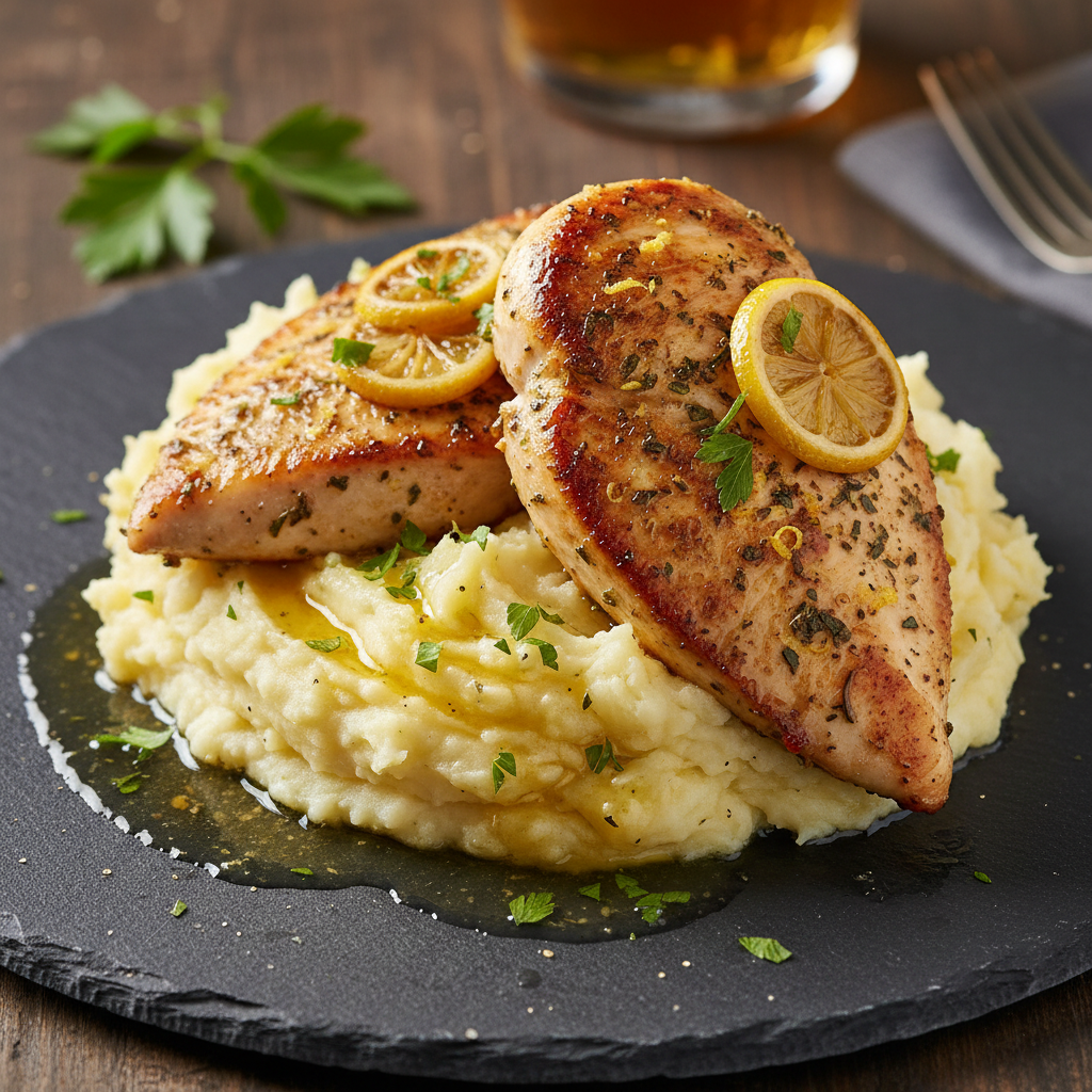 Pan-Seared Lemon Herb Chicken with Garlic Mashed Potatoes
