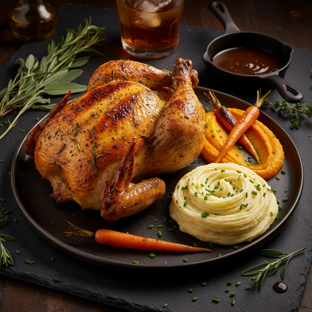 Southern Comfort: Herb-Roasted Chicken with Carrot Purée and Mashed Potato Swirl