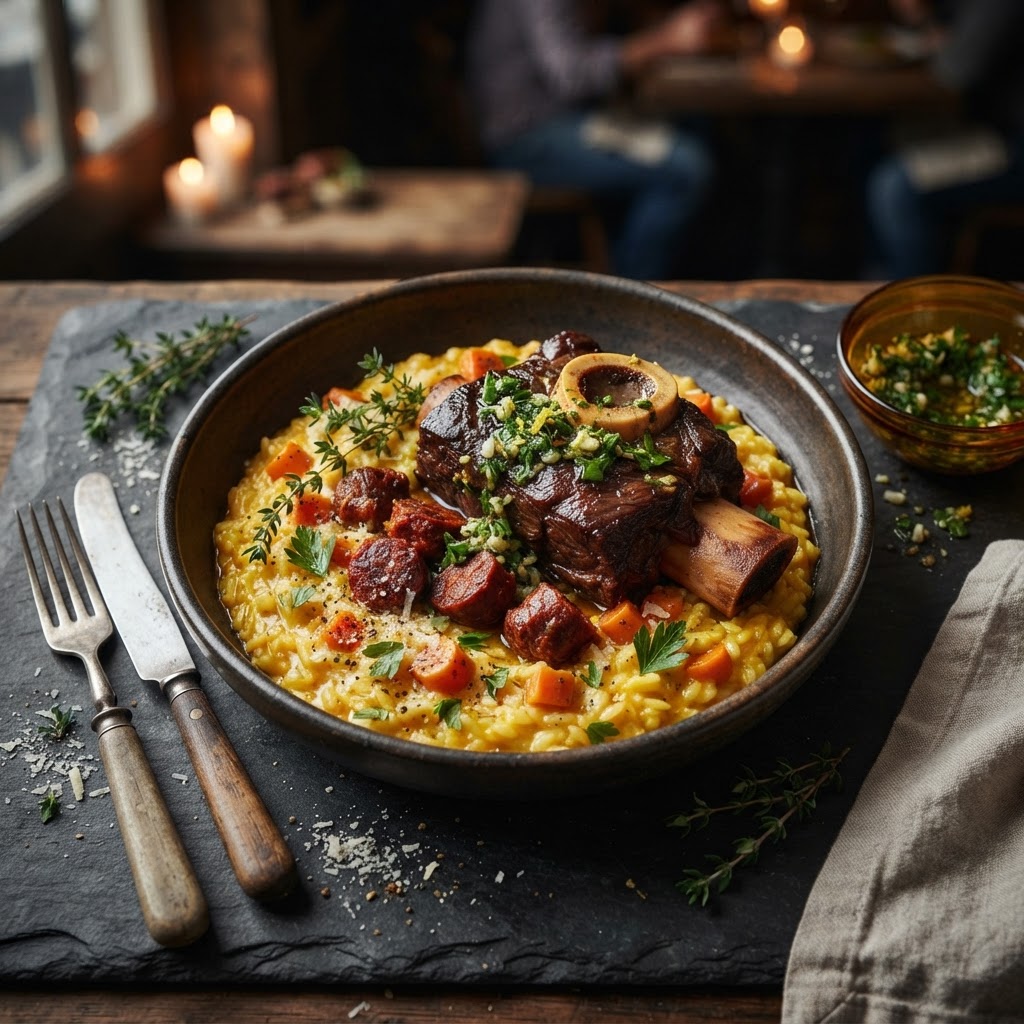 Beef Rib and Chorizo Ossobuco with Saffron Carrot Risotto