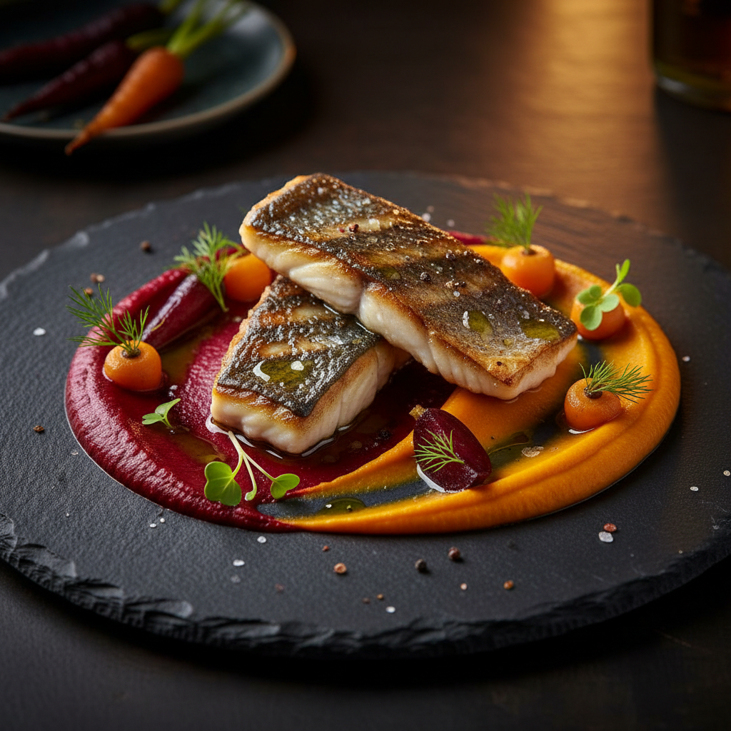 Seared Seabass with Beet and Carrot Purée