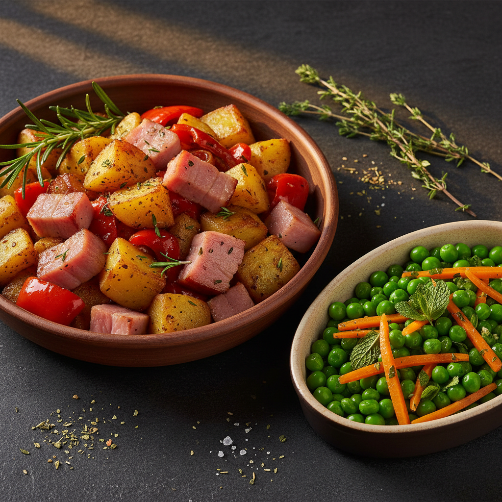 Mediterranean Ham & Potato Sauté with Herbed Pea-Carrot Mélange