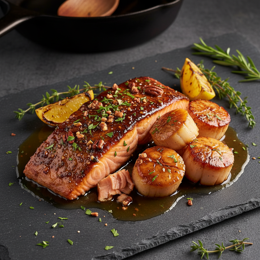 Southern Bourbon Glazed Salmon and Scallops