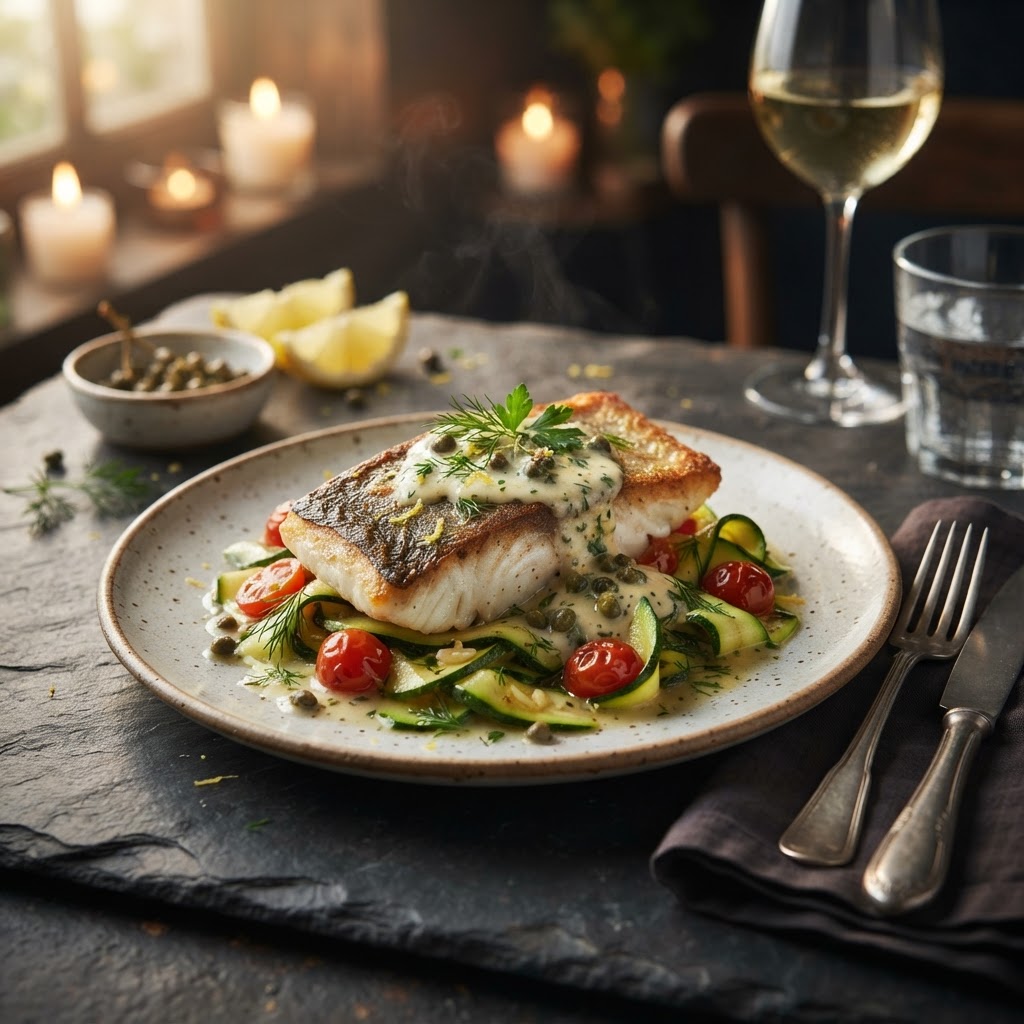 Seared Seabass with Lemon-Dill Zucchini Ribbons and Caper Beurre Blanc