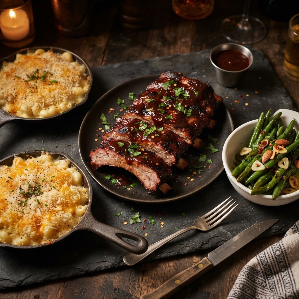 Southern BBQ Baby Back Ribs with Creamy Mac & Cheese and Garlic Green Beans