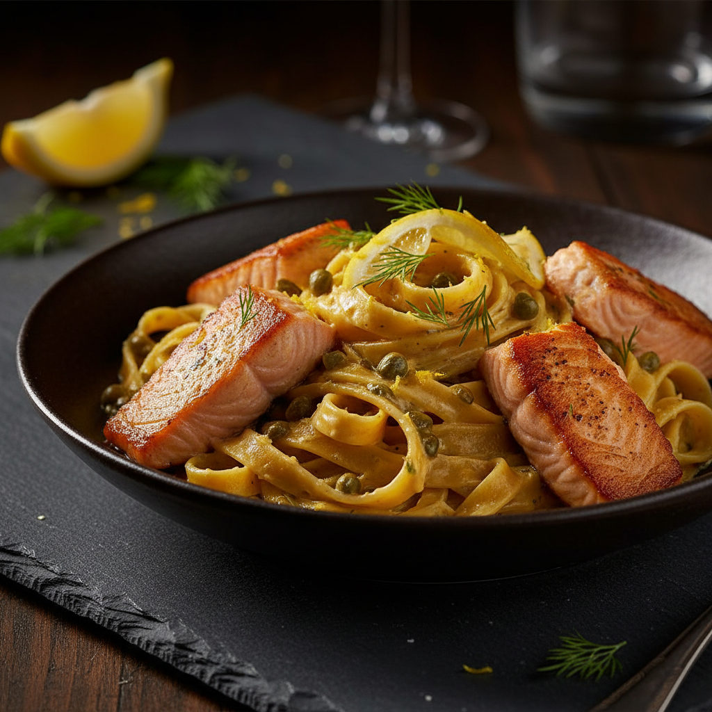 Salmon alla Papardelle with Lemon-Caper Cream