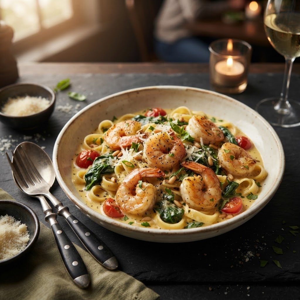 Shrimp Florentine with Lemon Mustard Cream