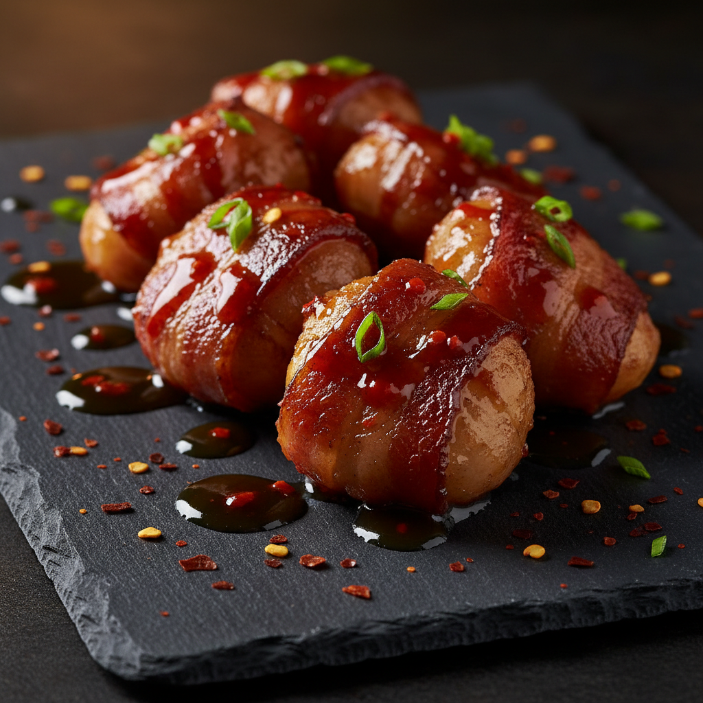 Sriracha Bacon-Wrapped Water Chestnuts with a Maple Glaze