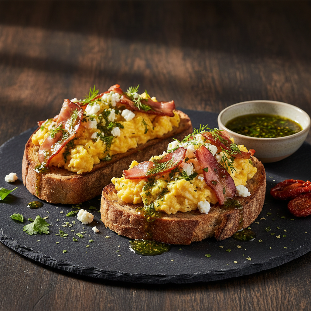 Mediterranean Bacon and Egg Toast with Herb Vinaigrette