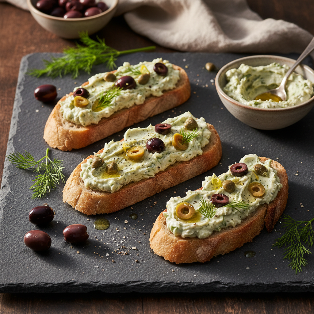 Mediterranean Creamy Olive and Dill Relish Tartines