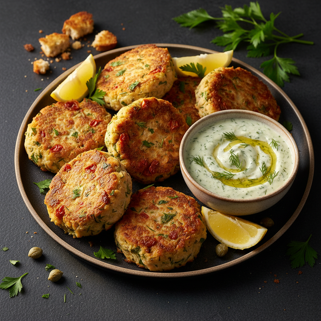 Mediterranean Salmon Cakes with Creamy Dill Sauce