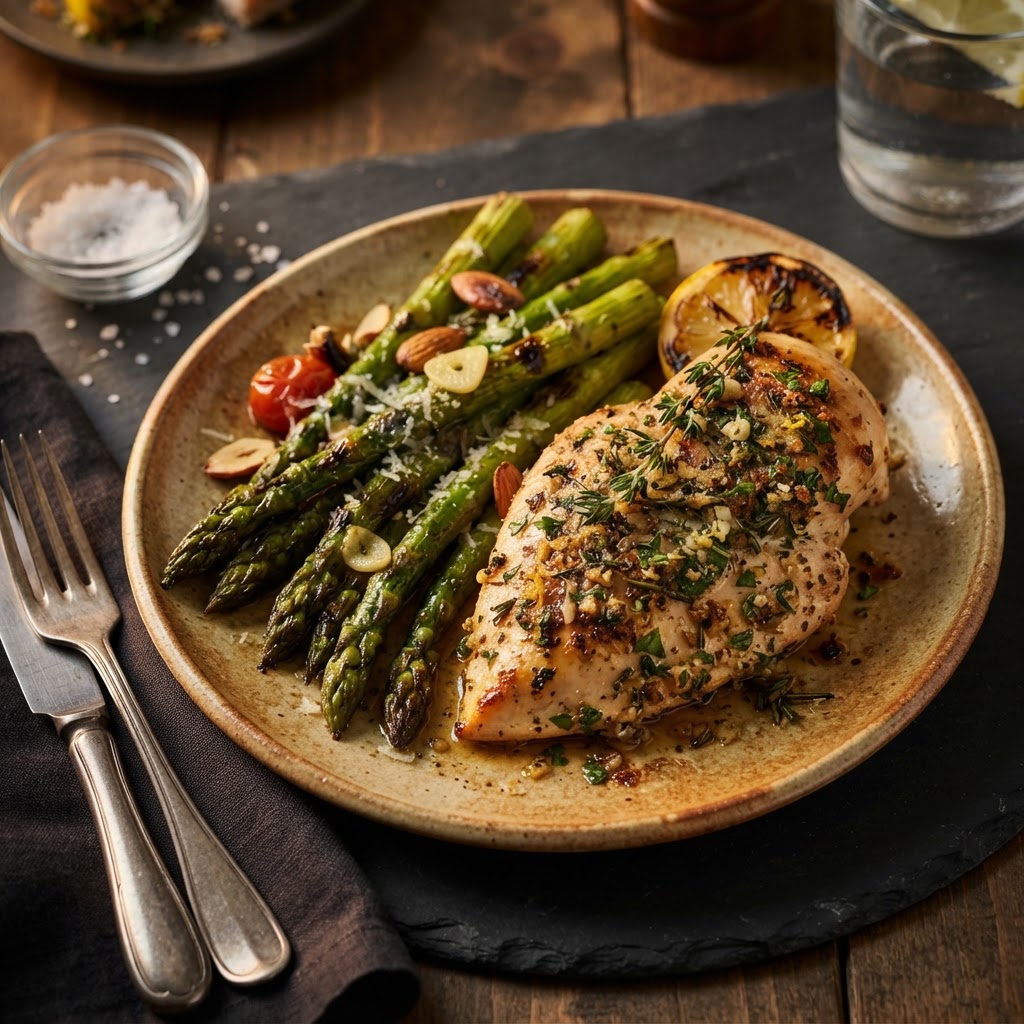 Herb-Crusted Lemon Garlic Chicken with Roasted Asparagus