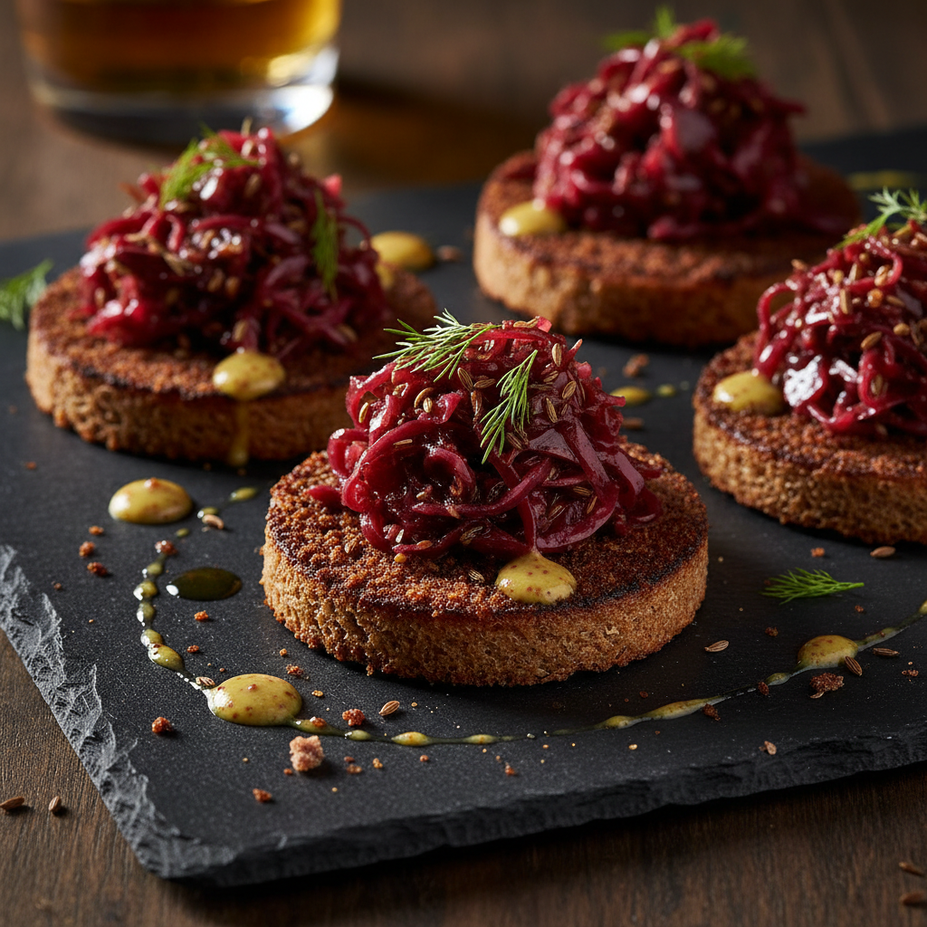 Pastrami-Crusted Rye Crostini with Pickled Cabbage Slaw