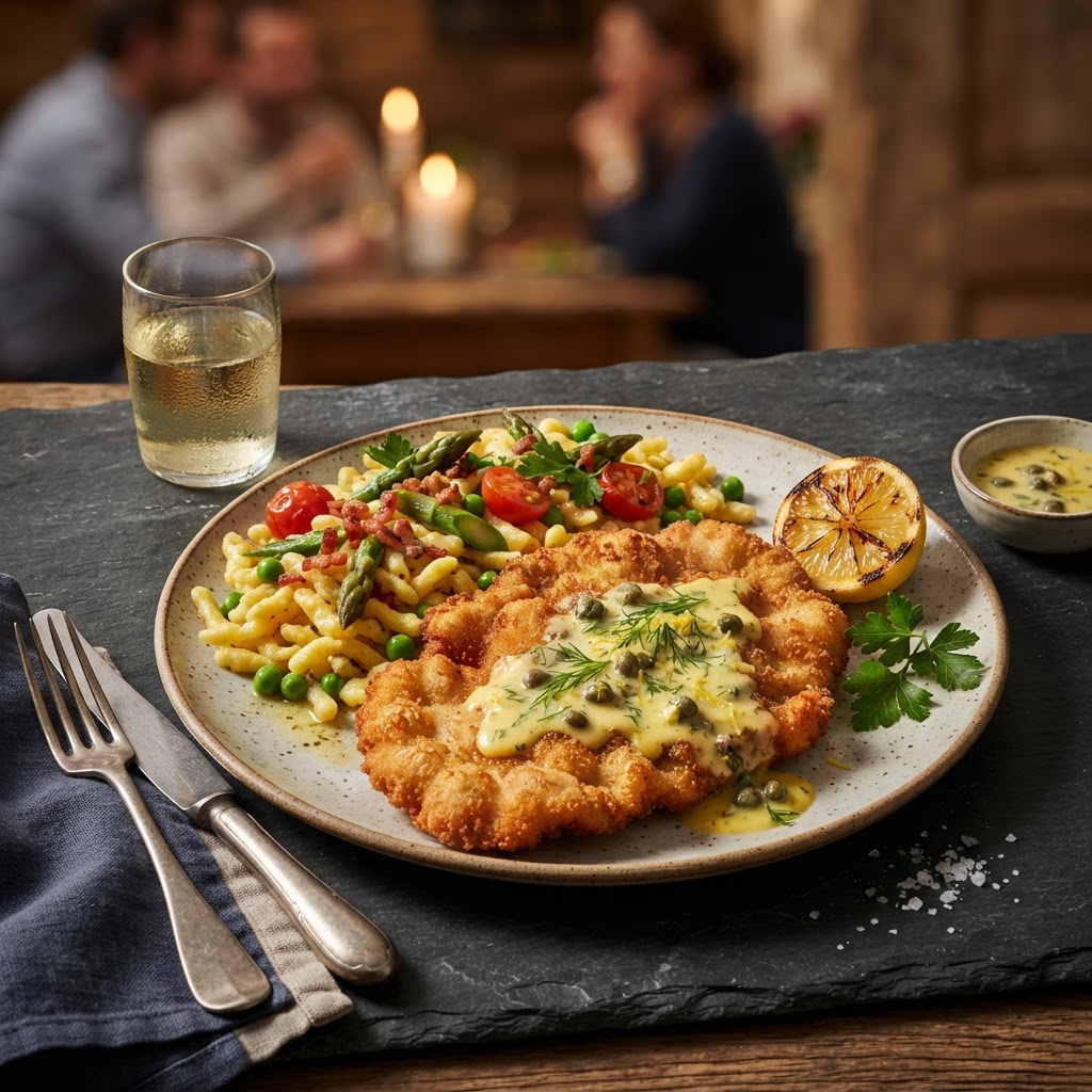 Wiener Schnitzel with Lemon-Caper Sauce and Summer Spaetzle