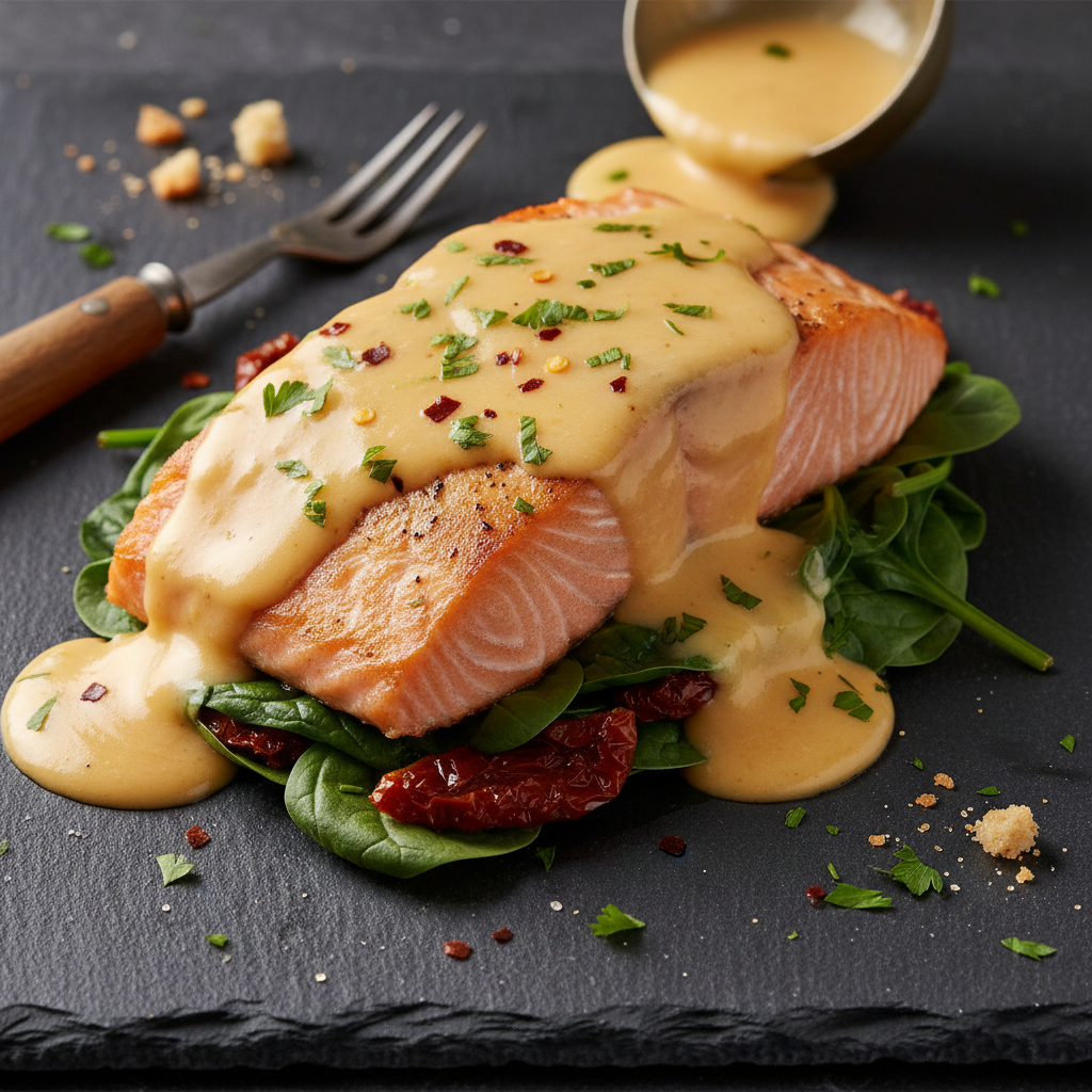 Salmon Florentine with Velvety Cheese Sauce