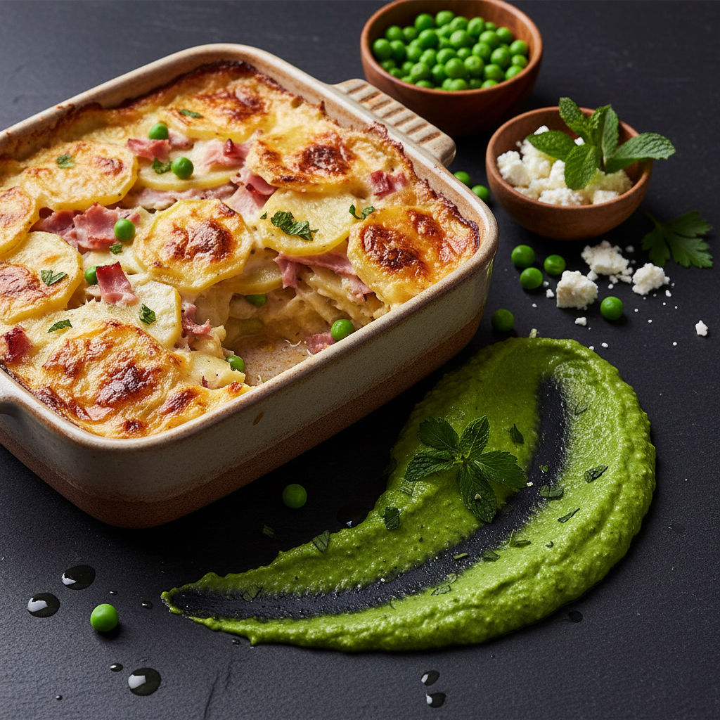 Mediterranean Ham & Potato Gratin with Herbed Pea Sauce