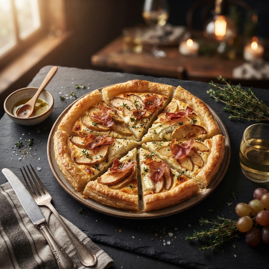 Truffle Apple and Goat Cheese Tart with Prosciutto Crisp