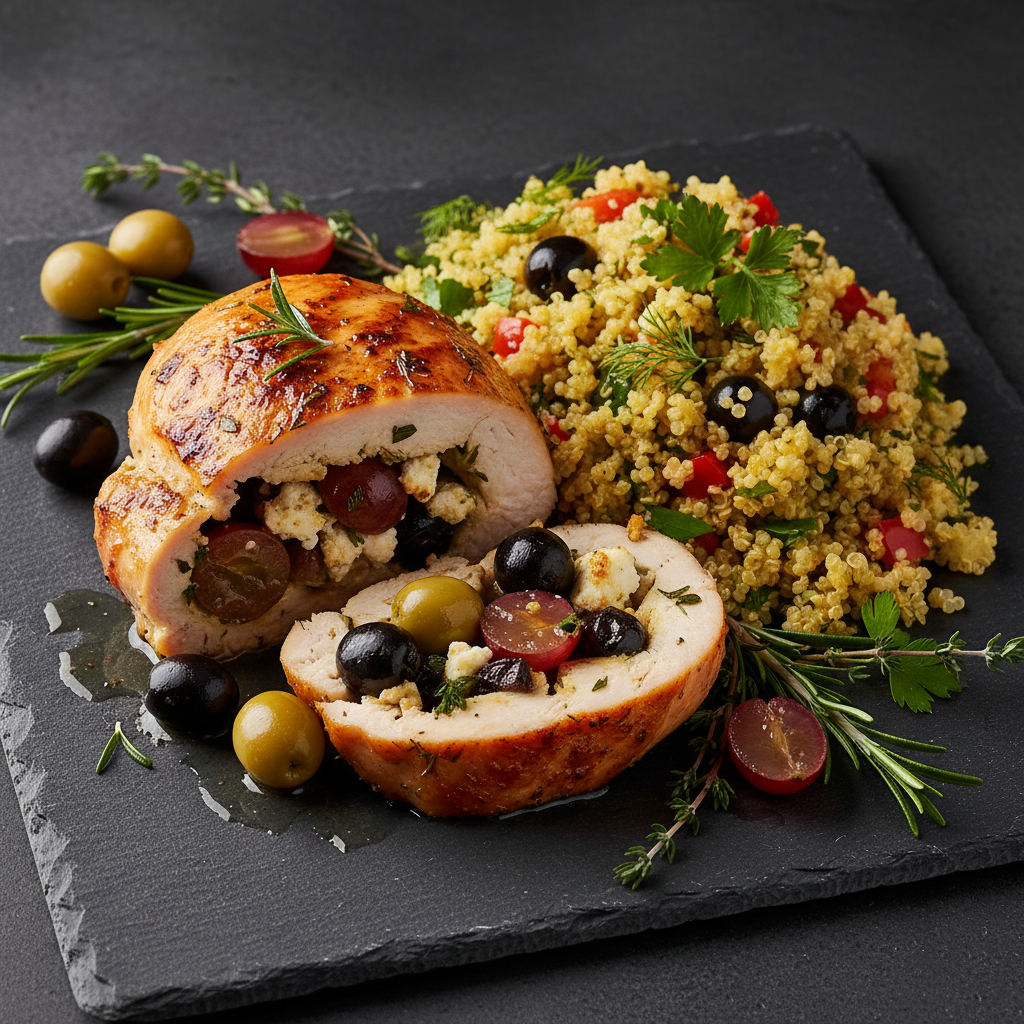 Mediterranean Olive and Grape Stuffed Chicken with Herb-Infused Quinoa
