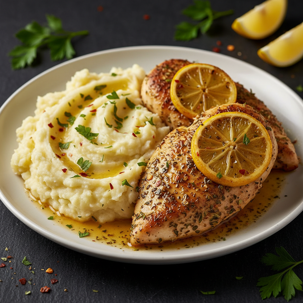 Seared Lemon Herb Chicken with Garlic Mashed Potatoes