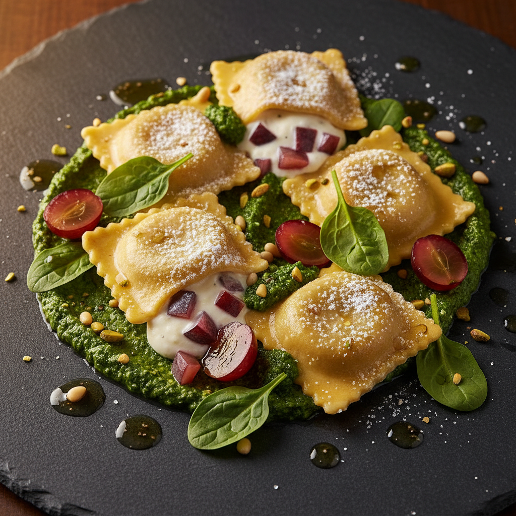 Grapes and Cream Ravioli with Spinach Pesto