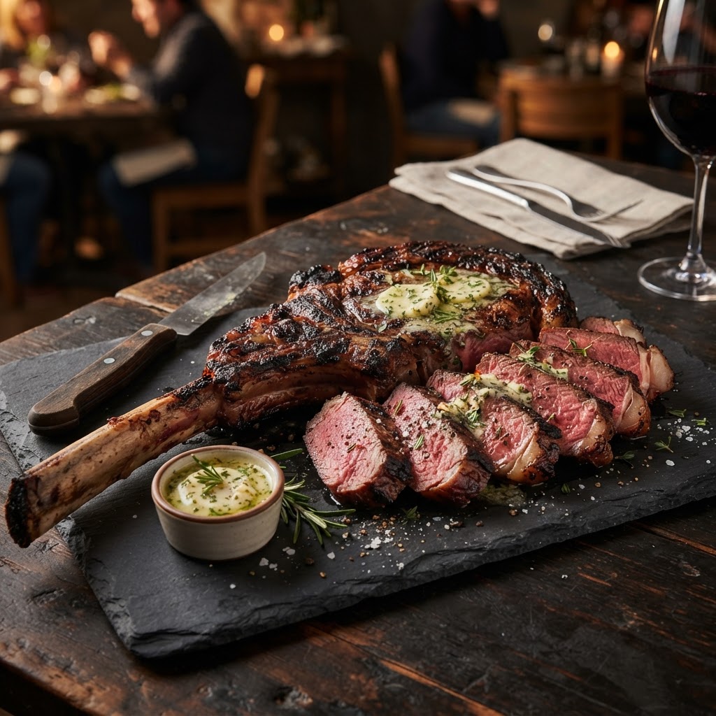 Charred Tomahawk Ribeye with Garlic Herb Butter
