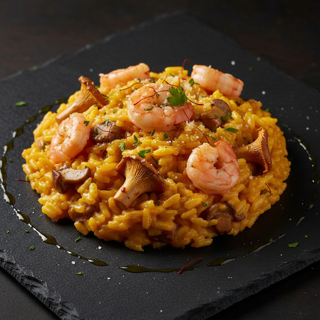 Saffron Shrimp Risotto with Chantelle Mushrooms