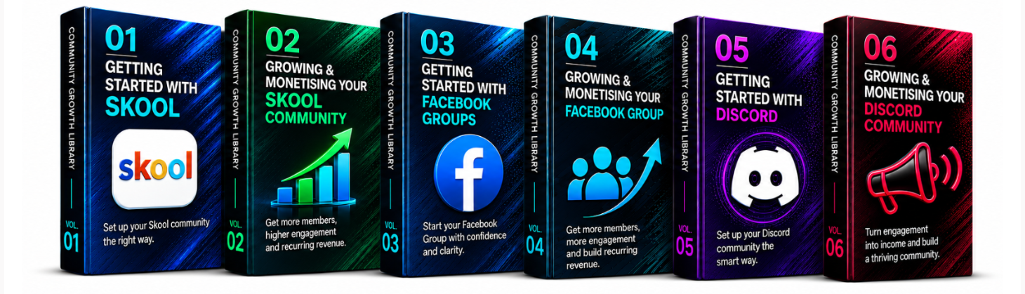 The complete Community Growth Library — six interactive handbooks covering Skool, Facebook Groups and Discord