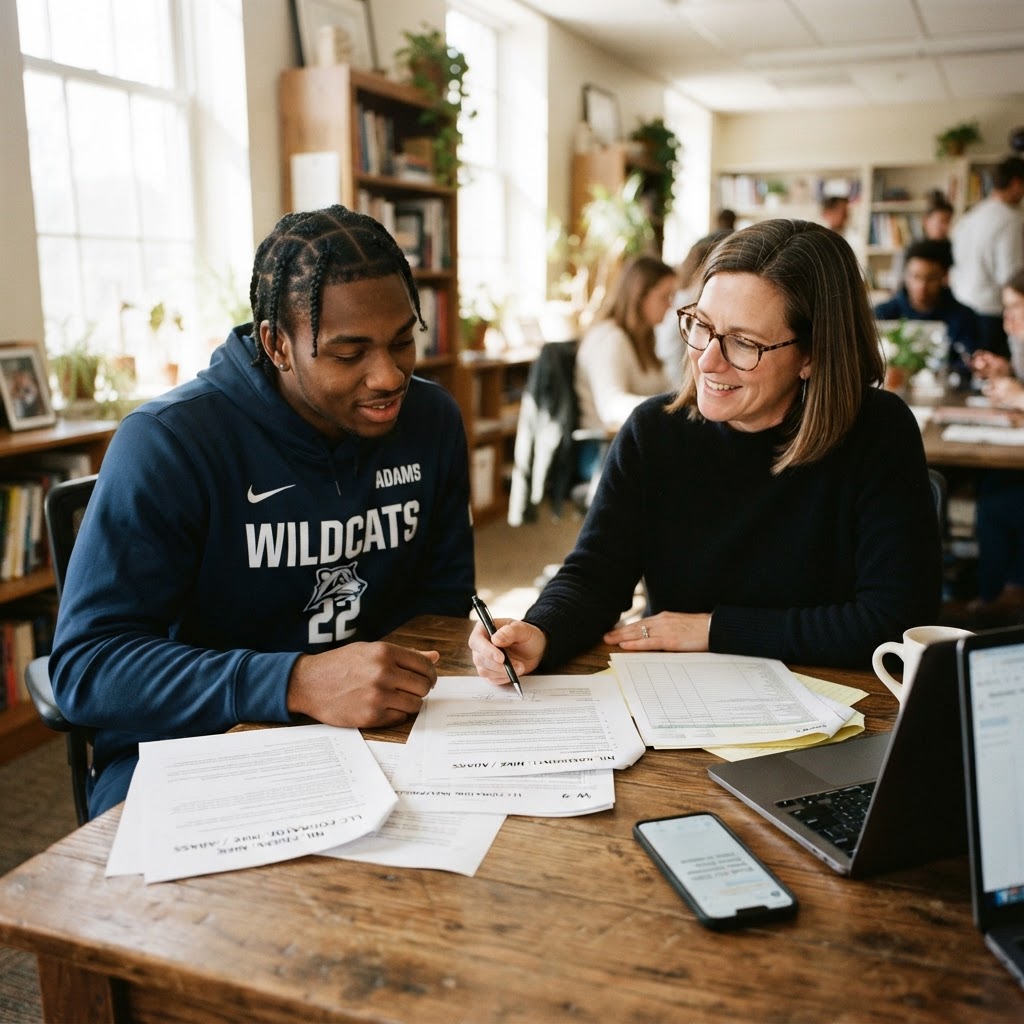 Student-athlete reviewing NIL documents with a Scott Financial advisor