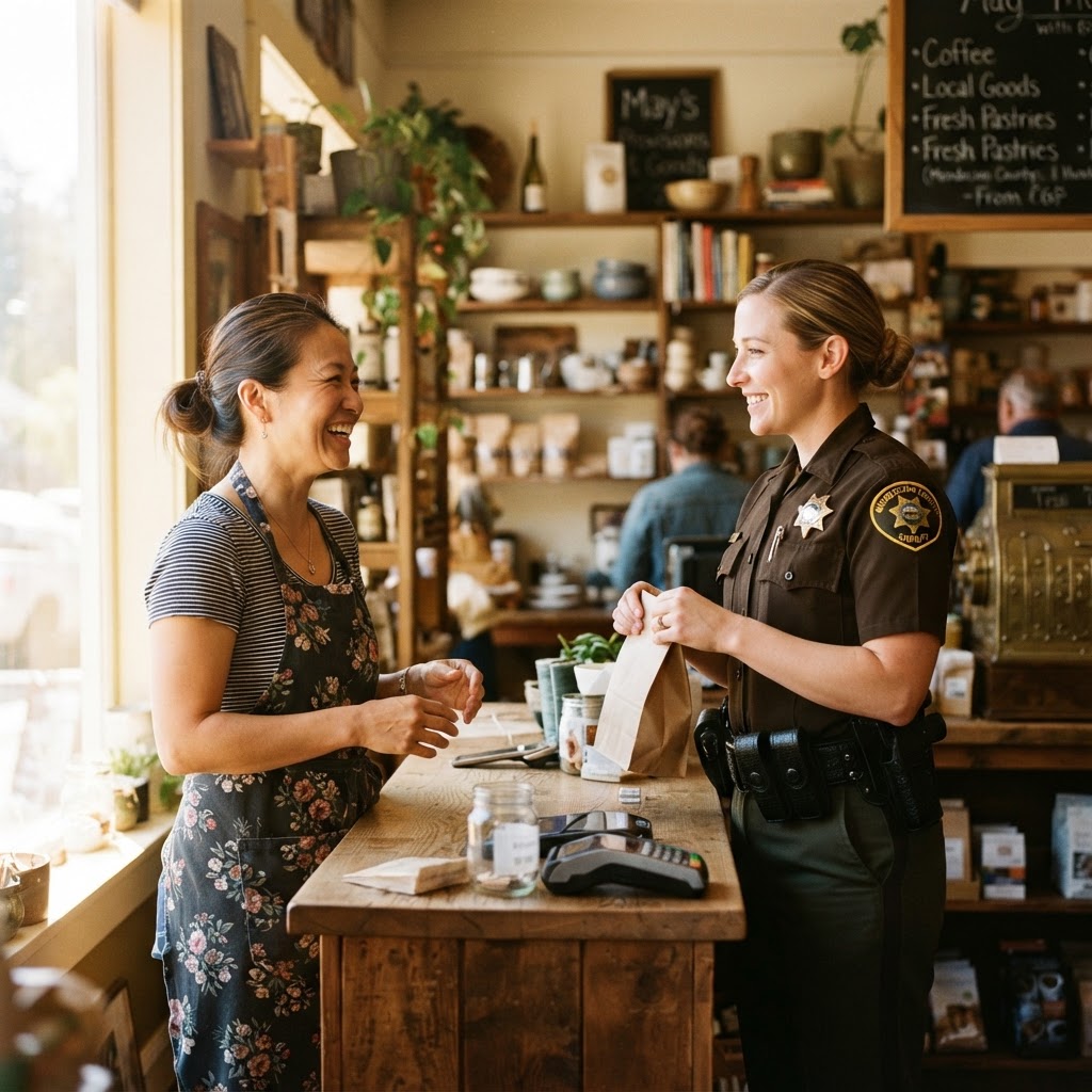 Small business owner at their shop counter in warm natural daylight