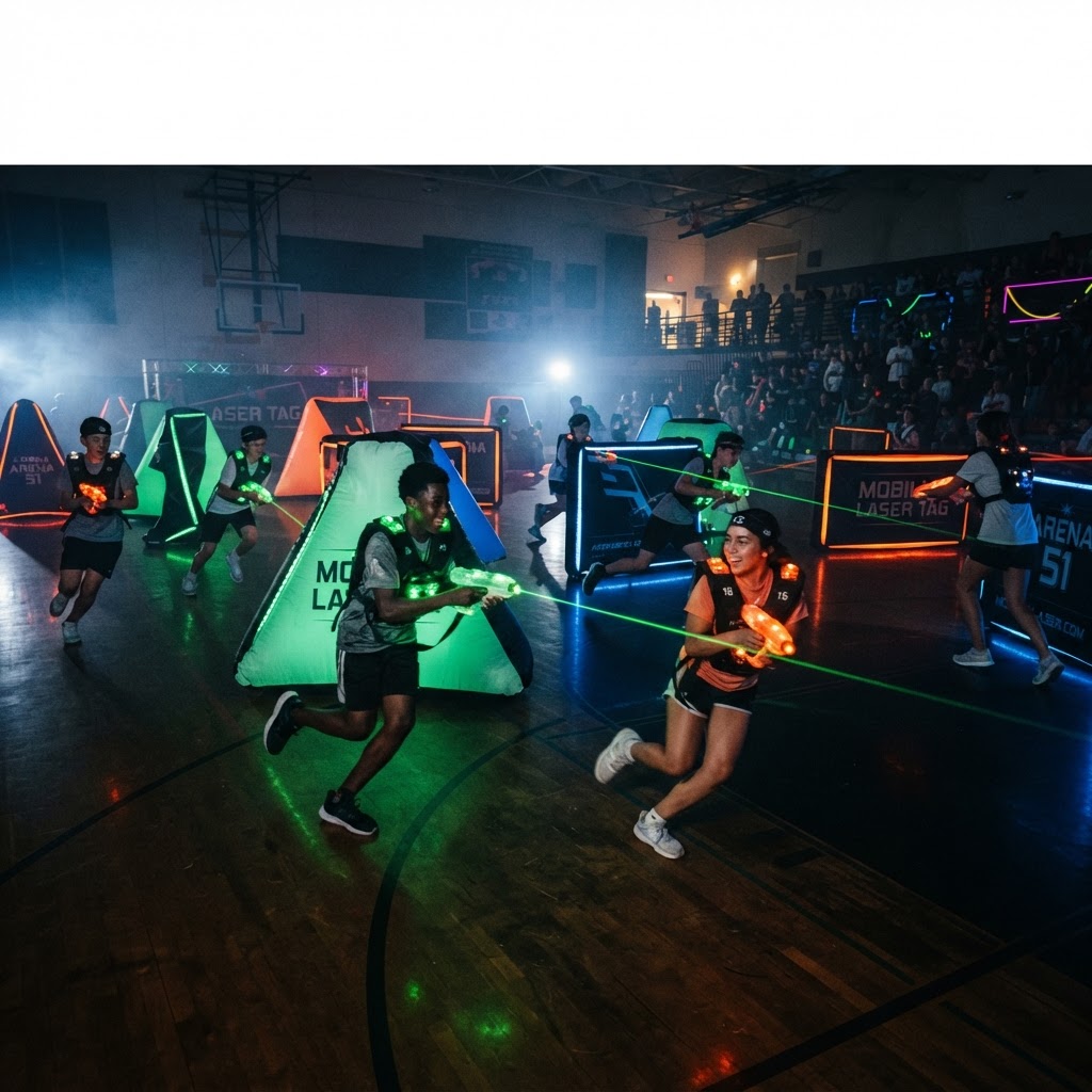 A Nightfall laser tag arena at night — lit-up players behind inflatable bunkers