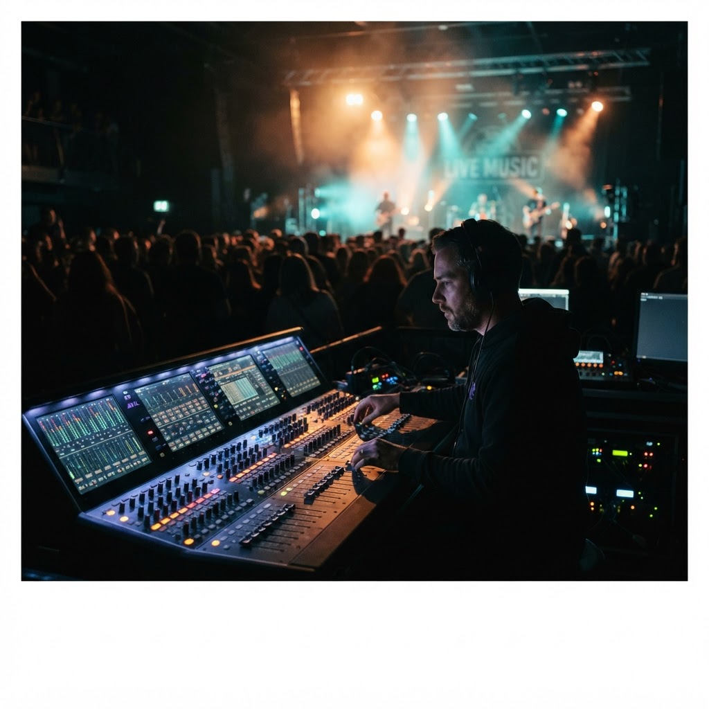Audio engineer at a mixing console during a live show