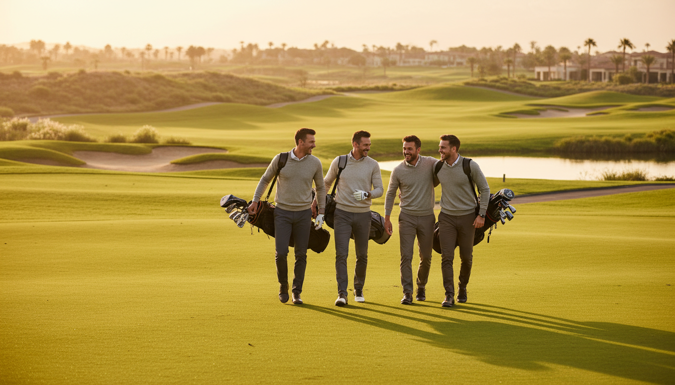 Friends walking together on a golf course at golden hour