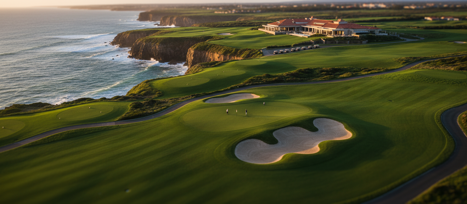 Championship golf course at golden hour with coastal cliffs