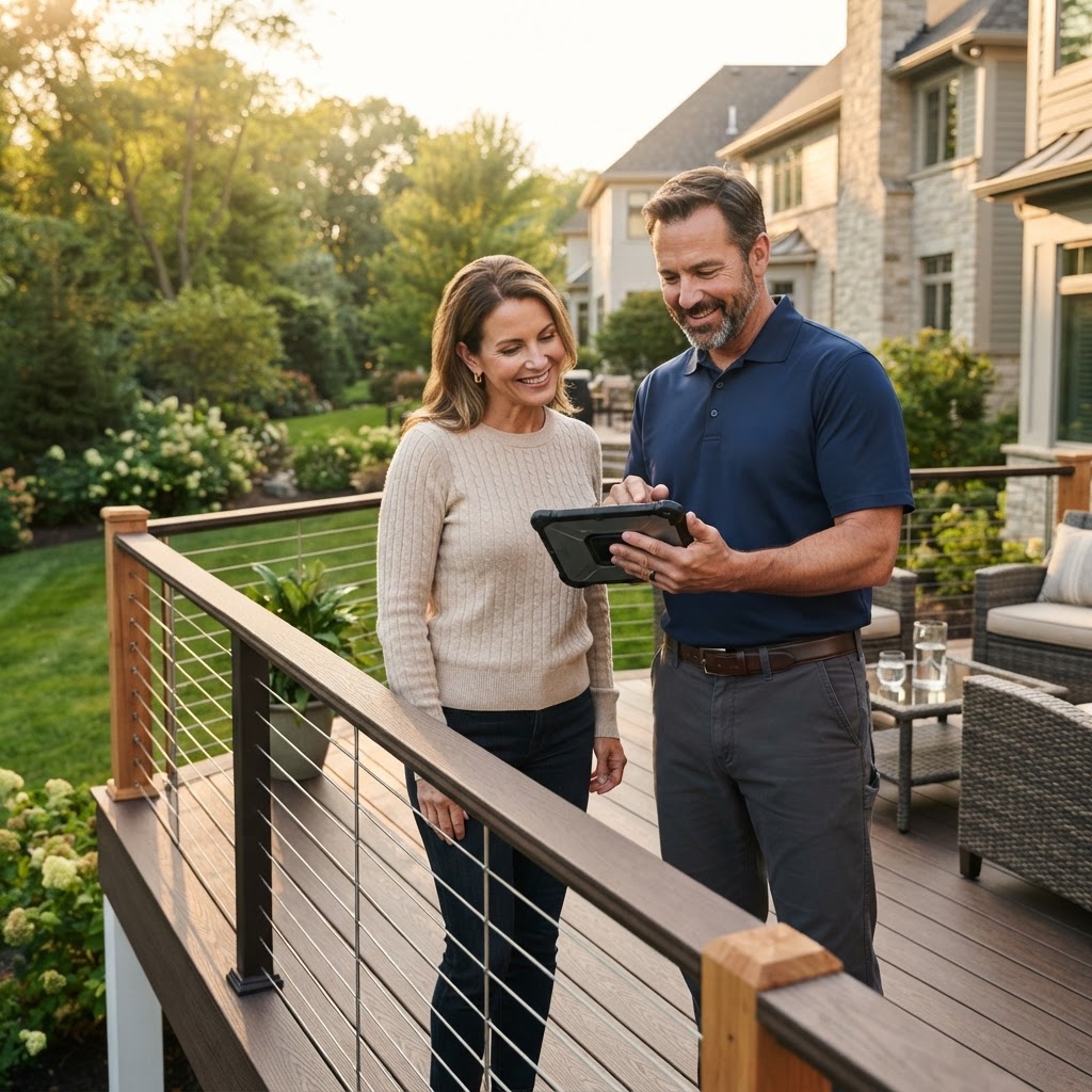 Contractor and homeowner reviewing a newly finished deck