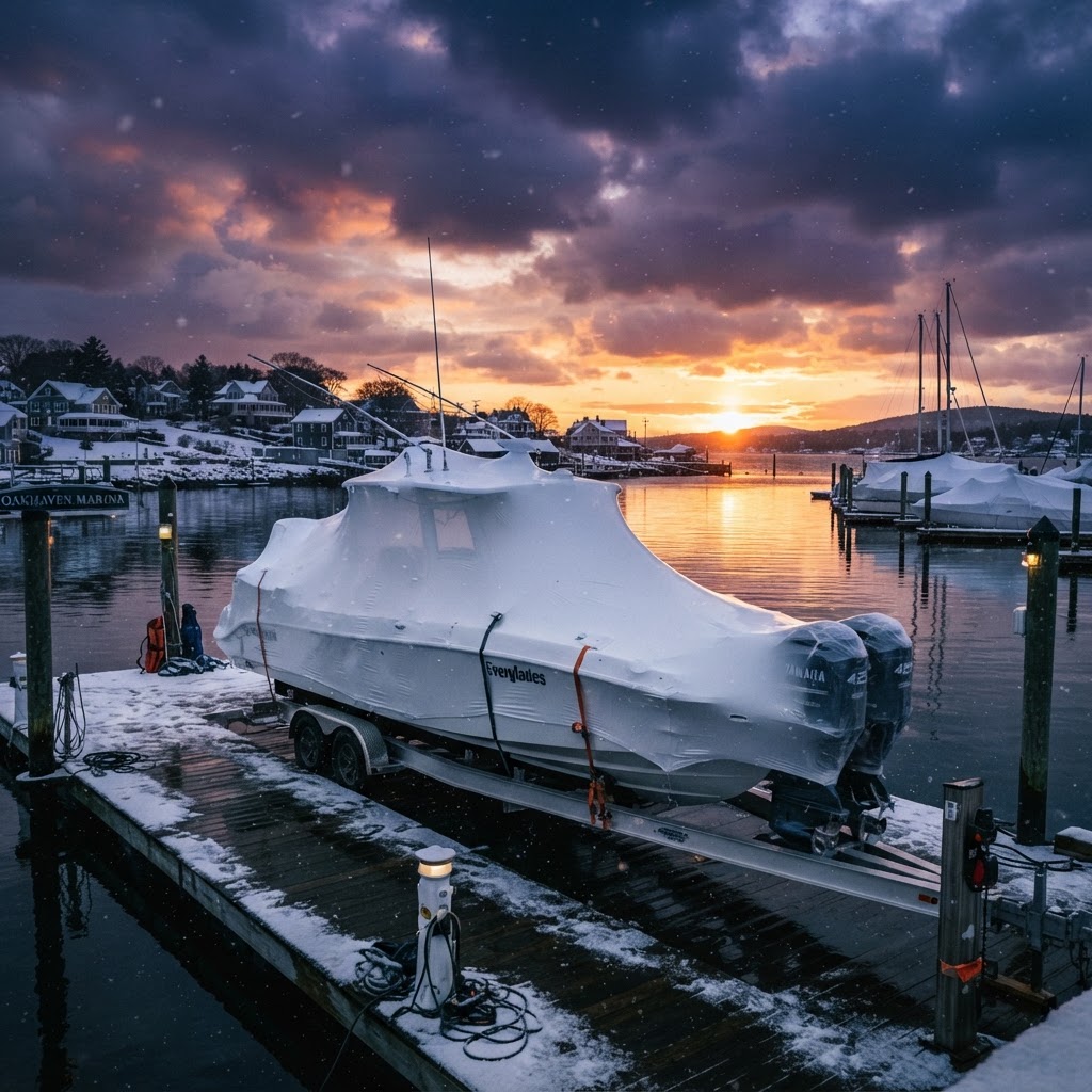 Marine mechanic winterizing a boat engine at a New England dock