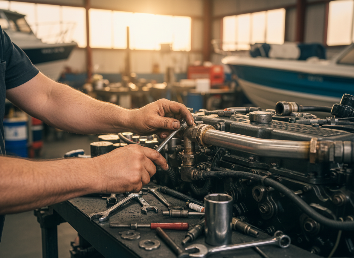 Marine mechanic working on boat engine