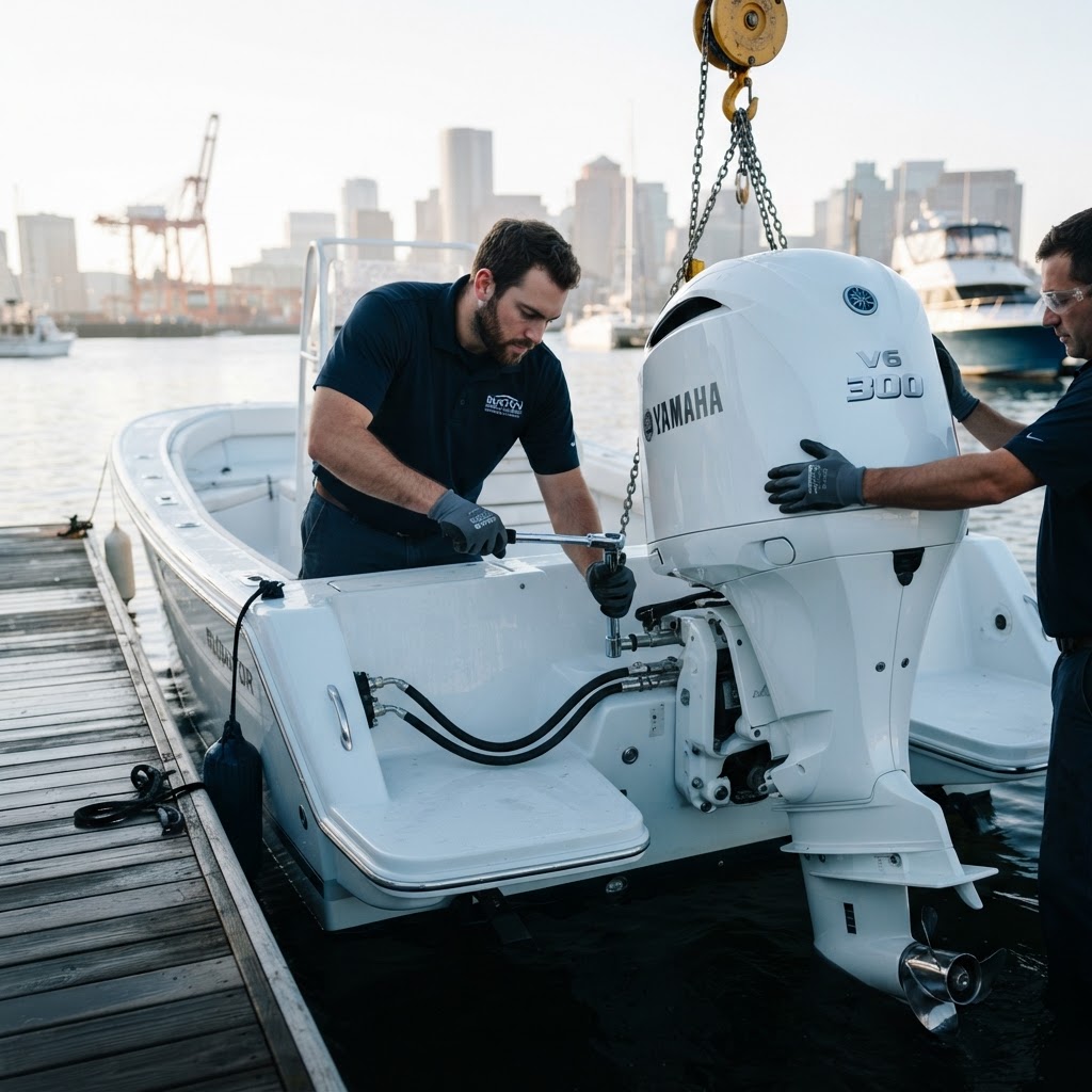 Technician installing a new outboard engine