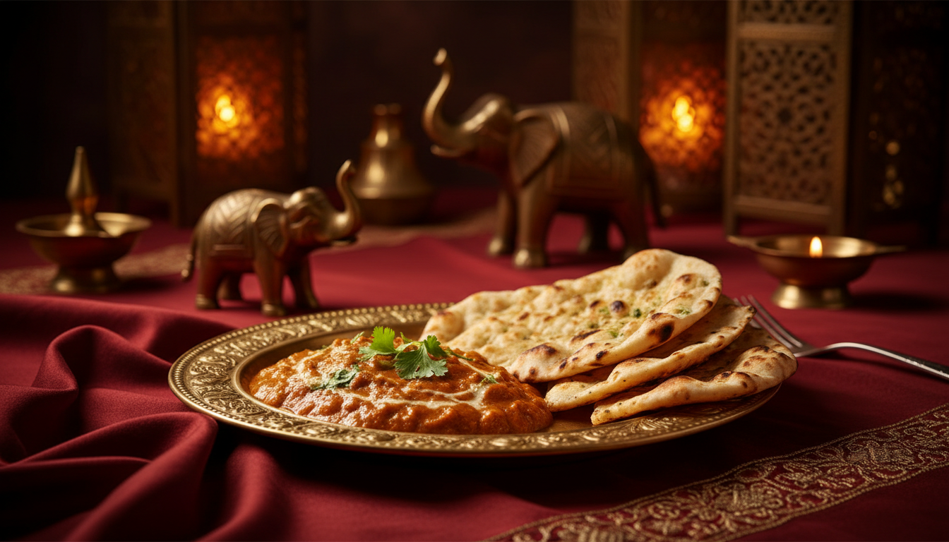 Luxury Indian food spread with butter chicken and naan