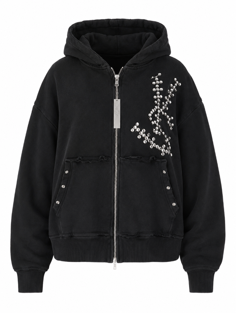 Studded Script Zip Hoodie — Black